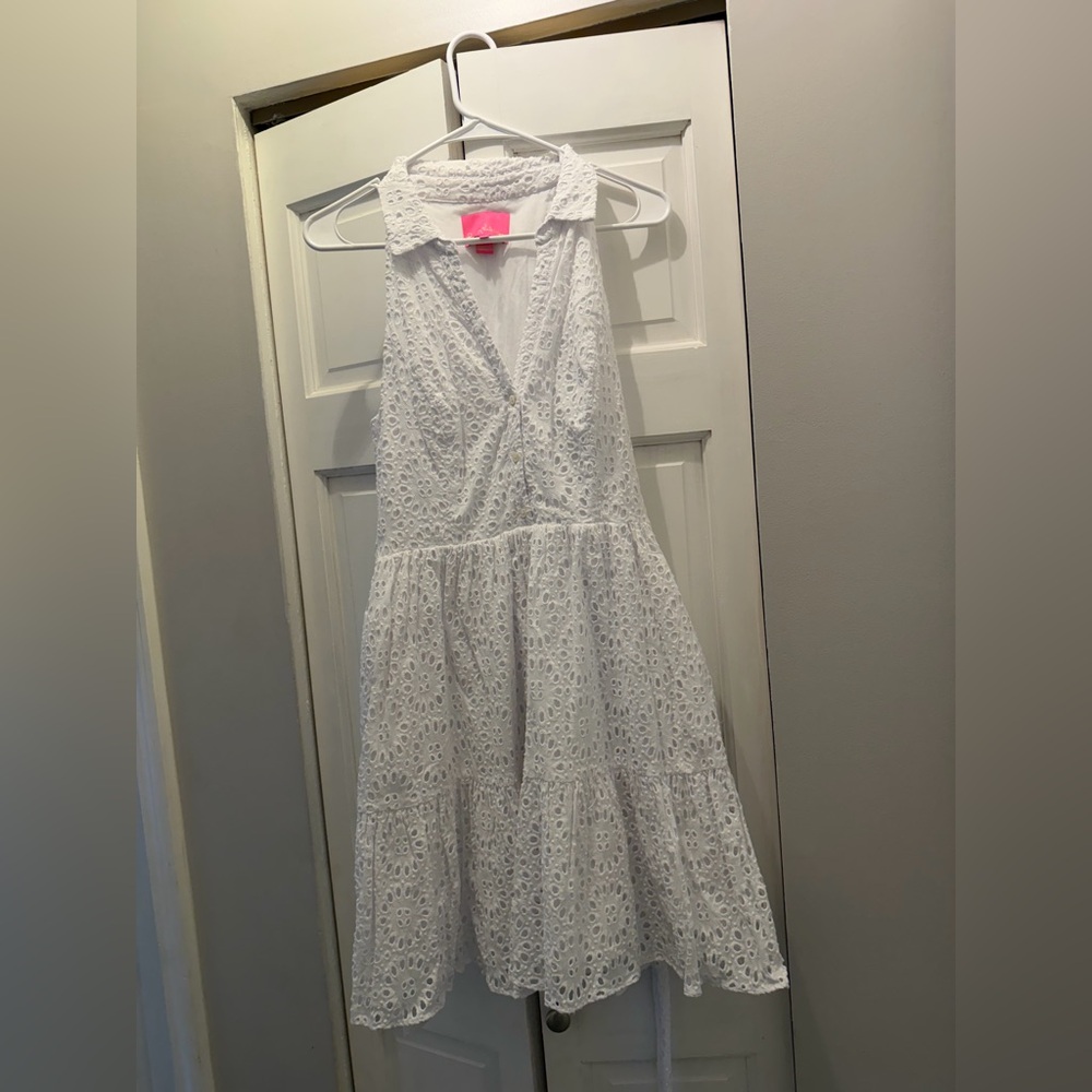 LILLY PULITZER TRISHA SHIRTDRESS SIZE 8 RESORT WHITE BEACH PARADISE EYELET EUC